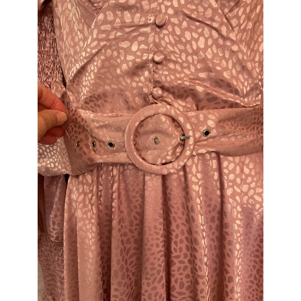 Rosevelvet Pink Satin Leopard Print Midi Dress Size S Puff Sleeve Belted - Picture 10 of 13